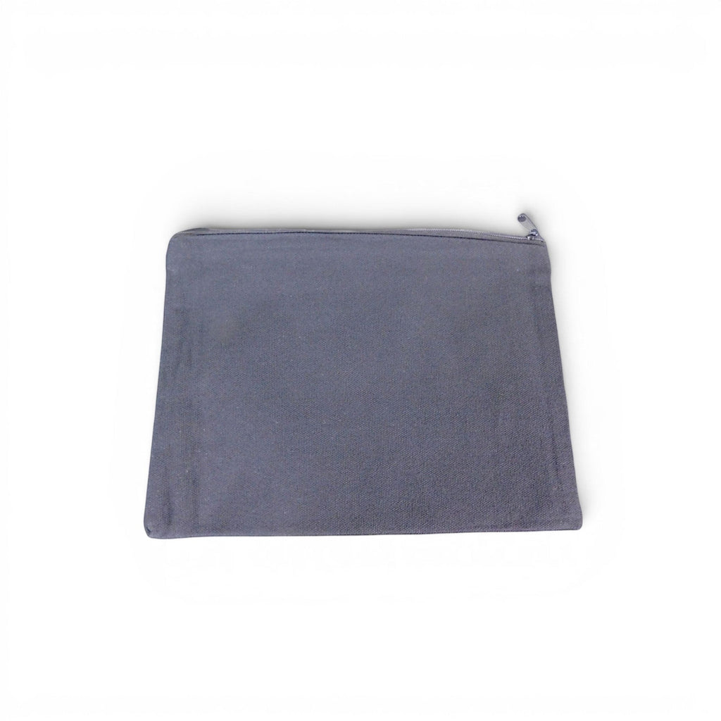 The Witches' Quest grey canvas zipper pouch for small essentials with a durable design.