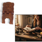 The Witches' Quest handcrafted wooden book stand with triquetra carving, shown flat and in use on a rustic desk.