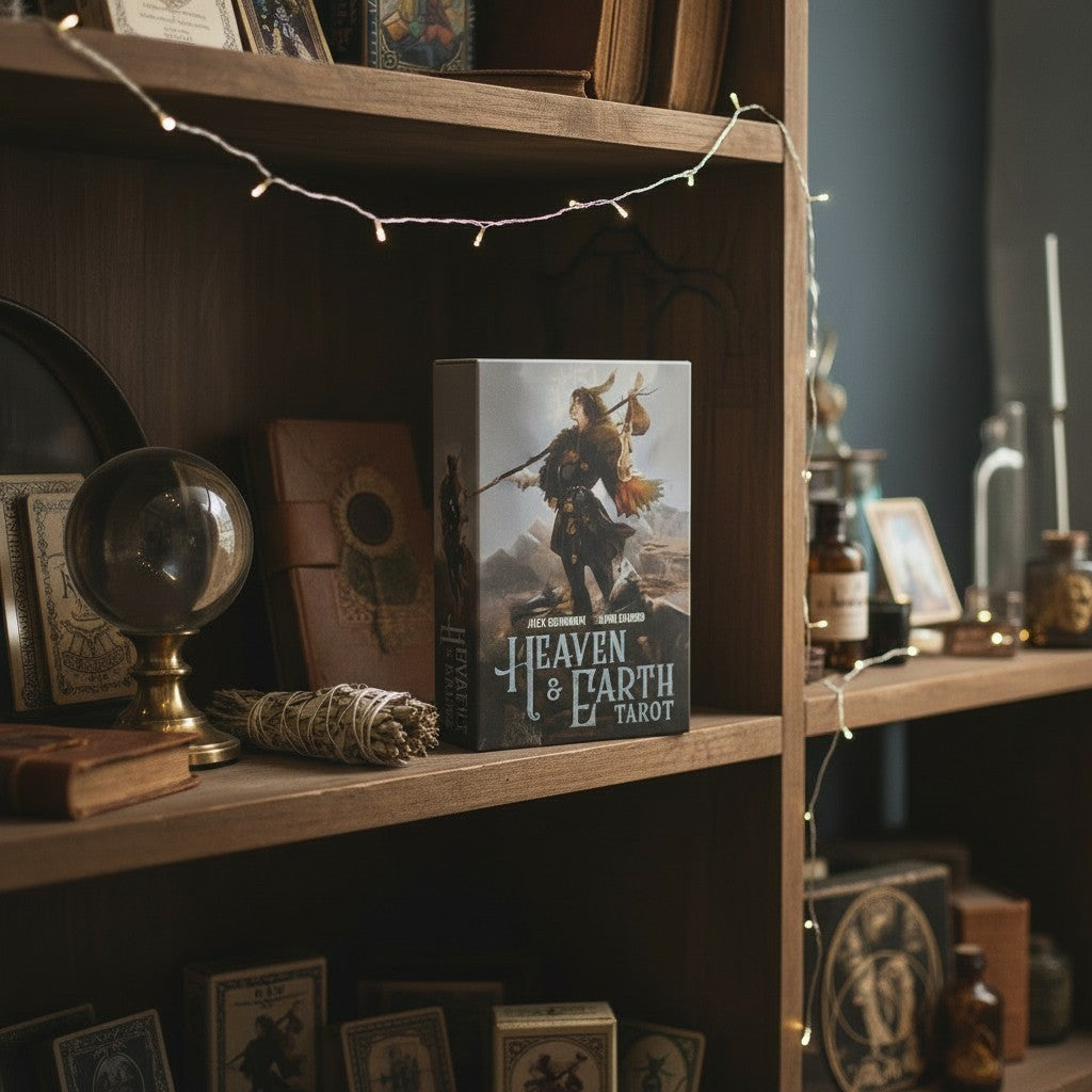 The Witches' Quest Heaven & Earth Tarot deck box featuring celestial artwork on a wooden bookshelf with fairy lights.