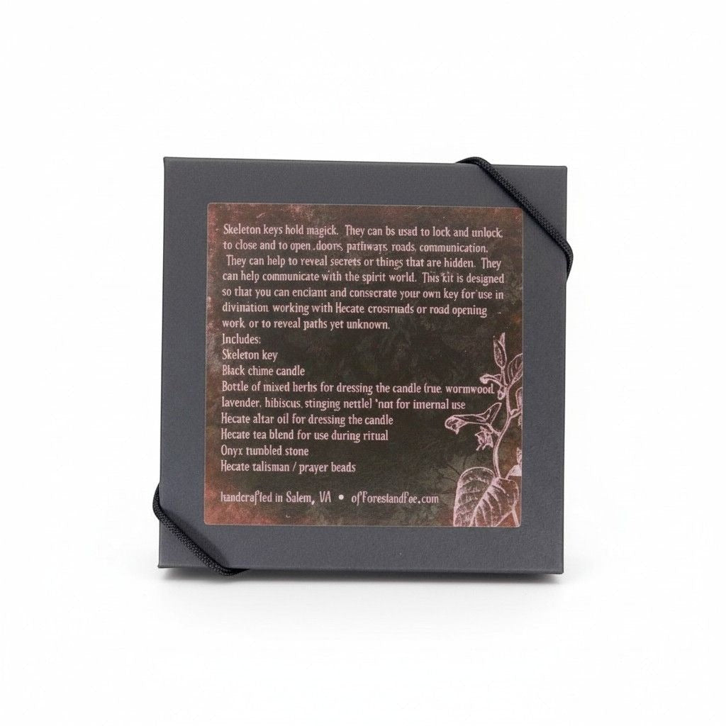 The Witches' Quest Hecate Enchanted Key DIY Kit box with an informational label detailing ritual contents.