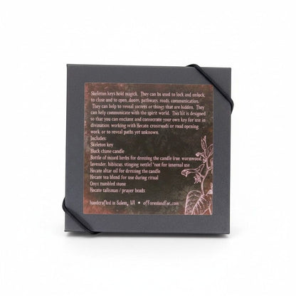 The Witches' Quest Hecate Enchanted Key DIY Kit box with an informational label detailing ritual contents.