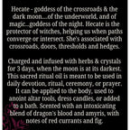 The Witches' Quest Hecate Sacred Ritual Oil description text on a black background with floral accents.