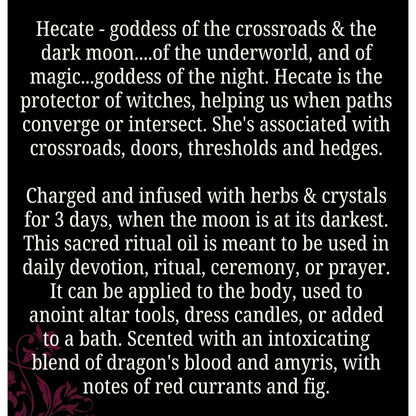The Witches' Quest Hecate Sacred Ritual Oil description text on a black background with floral accents.