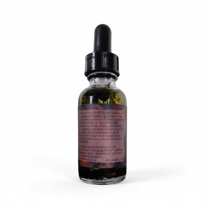 The Witches' Quest Hecate Sacred Ritual Oil in a 1 fl oz glass dropper bottle with herbal infusion