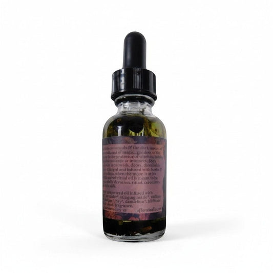 The Witches' Quest Hecate Sacred Ritual Oil in a 1 fl oz glass dropper bottle with herbal infusion