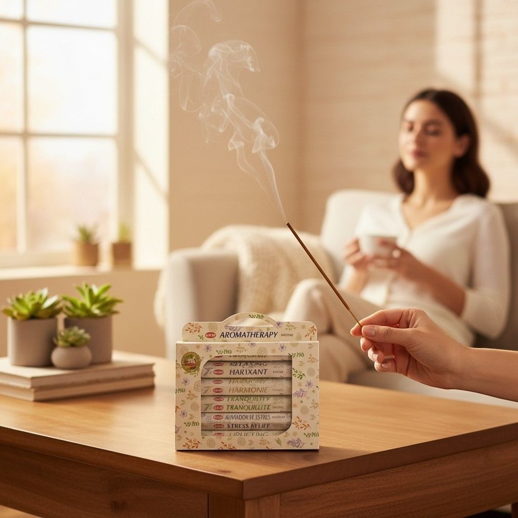 The Witches' Quest HEM aromatherapy incense sticks gift set in a floral box with a burning stick in a serene room.