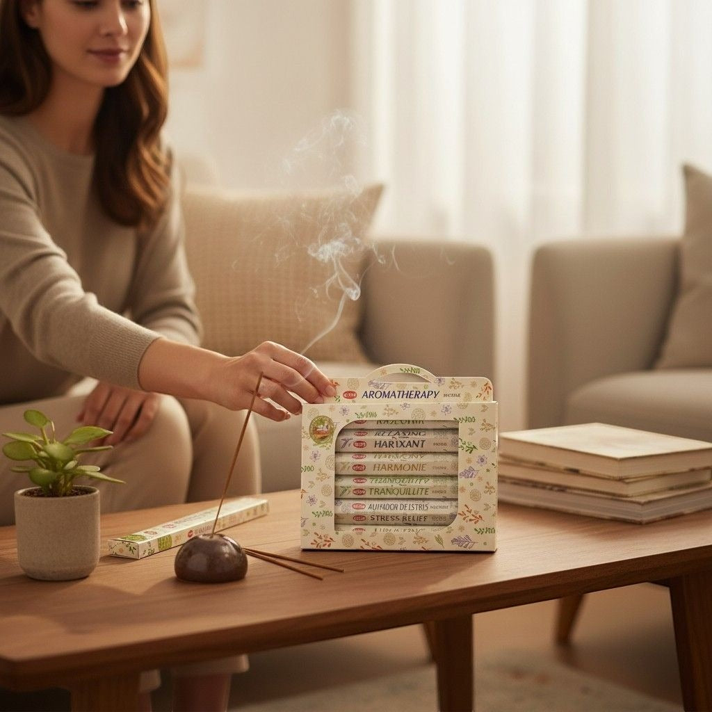 The Witches' Quest HEM aromatherapy incense gift set in a floral box with a woman lighting a stick on a wooden table.