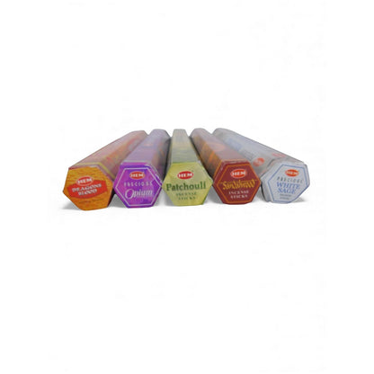 The Witches' Quest incense pack featuring five hexagonal tubes of HEM incense sticks in assorted classic scents.