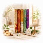 The Witches' Quest HEM incense variety pack featuring five scented stick boxes with floral and fruit accents.