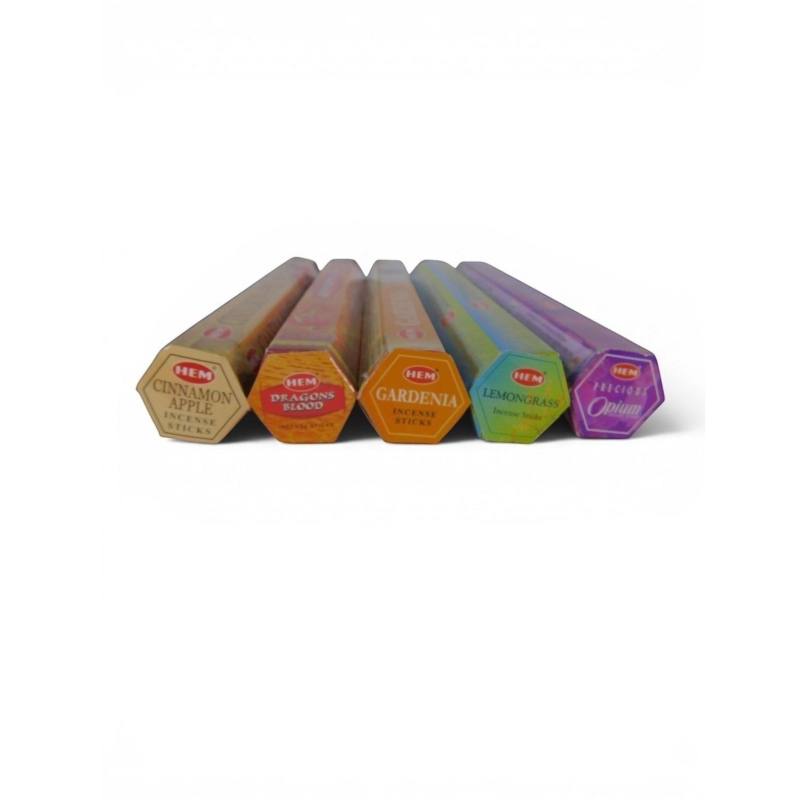 The Witches' Quest HEM incense variety pack featuring five hexagonal boxes of assorted scents for meditation.
