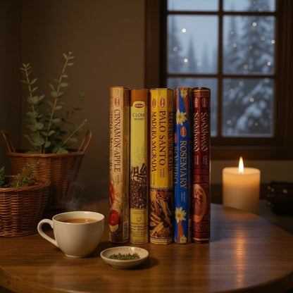 The Witches' Quest HEM incense variety pack featuring Cinnamon Apple, Clove, Palo Santo, Rosemary, and Sandalwood scents.