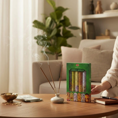 The Witches' Quest HEM Money Series incense sticks burning in a ceramic holder on a table with coins and a notebook.