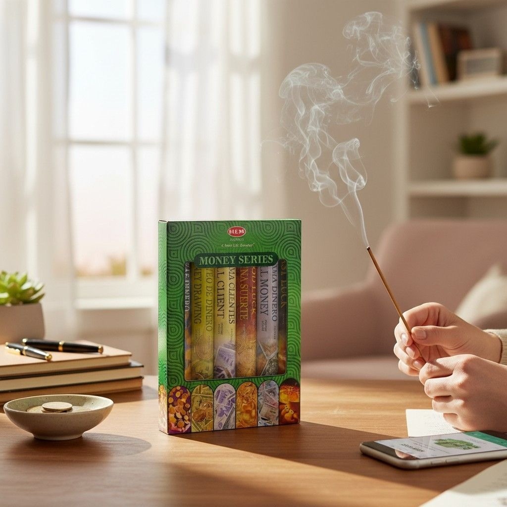 The Witches' Quest HEM Money Series incense sticks in a green box with a hand burning a stick on a wooden desk.