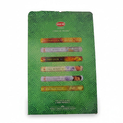 The Witches' Quest HEM Money Series incense stick collection pack featuring six prosperity-themed fragrance boxes.