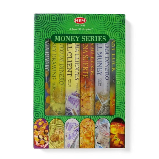 The Witches' Quest HEM Money Series incense stick collection in a green box featuring prosperity-themed imagery.