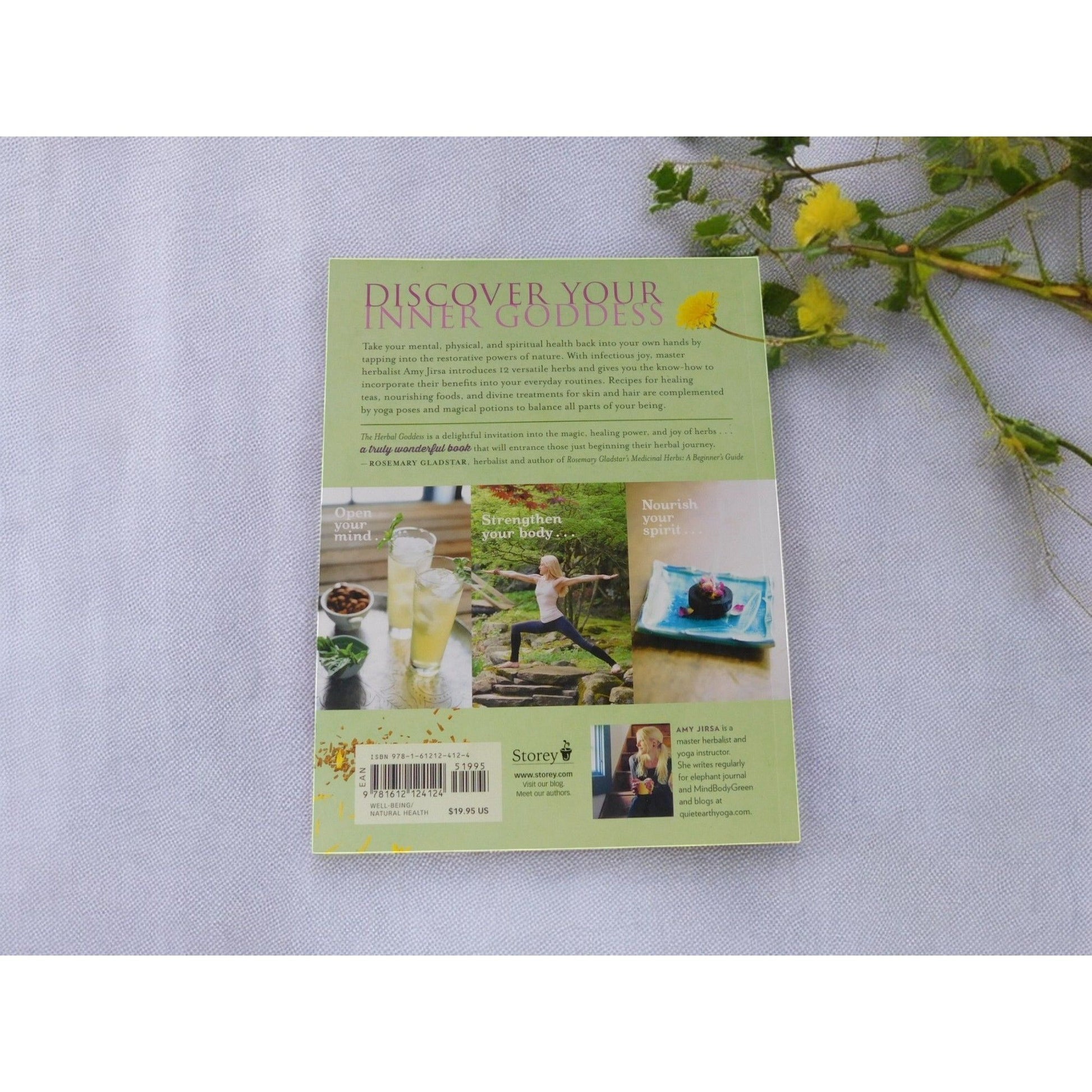 The Witches' Quest Herbal Goddess softcover book back cover featuring herbal wellness tips and yoga imagery