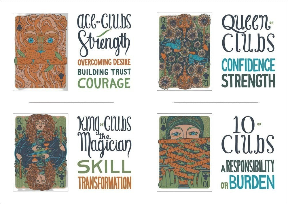 The Witches' Quest Illuminated Tarot cards featuring Ace of Clubs, Queen of Clubs, King of Clubs, and 10 of Clubs art.