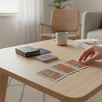 The Witches' Quest Illuminated Tarot deck with vibrant illustrated cards laid out on a wooden table by a hand