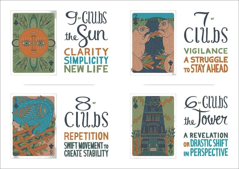 The Witches' Quest Illuminated Tarot cards featuring vibrant modern illustrations of suns, animals, and towers.