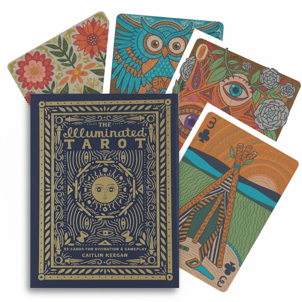 The Witches' Quest The Illuminated Tarot 53-card deck with vibrant illustrated cards and a royal blue keepsake box.
