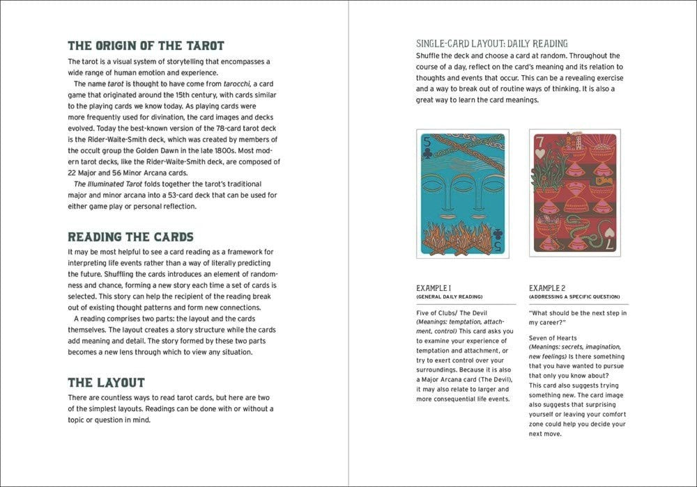 The Witches' Quest guidebook pages for The Illuminated Tarot explaining card layouts and daily reading techniques