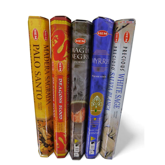 The Witches' Quest incense pack featuring 5 HEM scents for protection and cleansing, including Sage and Dragon's Blood.