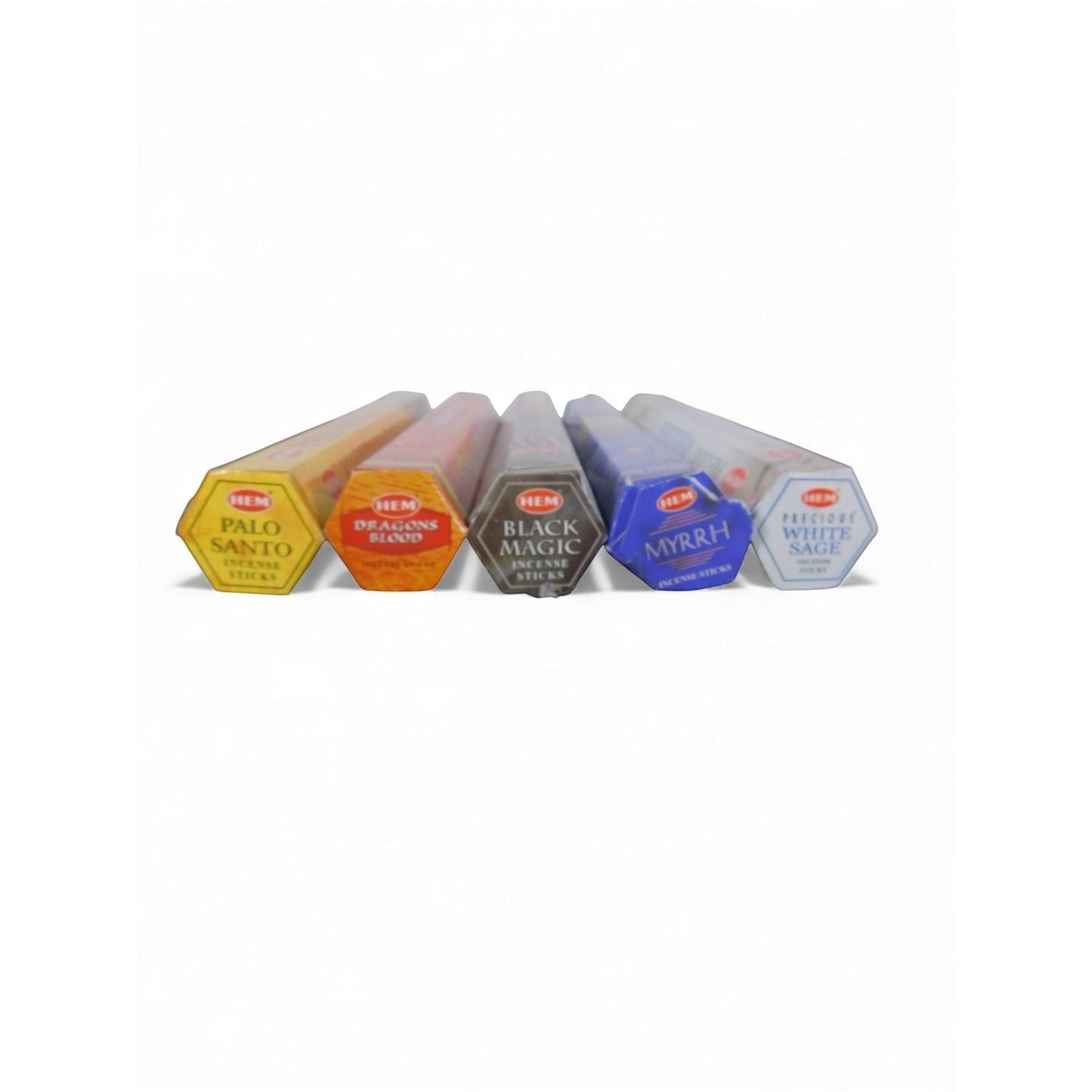 The Witches' Quest incense pack featuring five hexagonal tubes of HEM incense for protection and cleansing rituals.