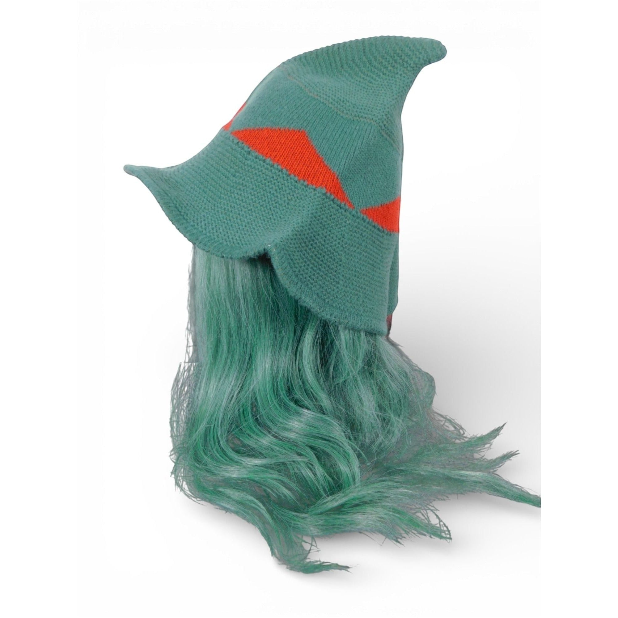 The Witches' Quest green and red color block knitted witch hat with a wide brim and pointed tip on a mannequin head.