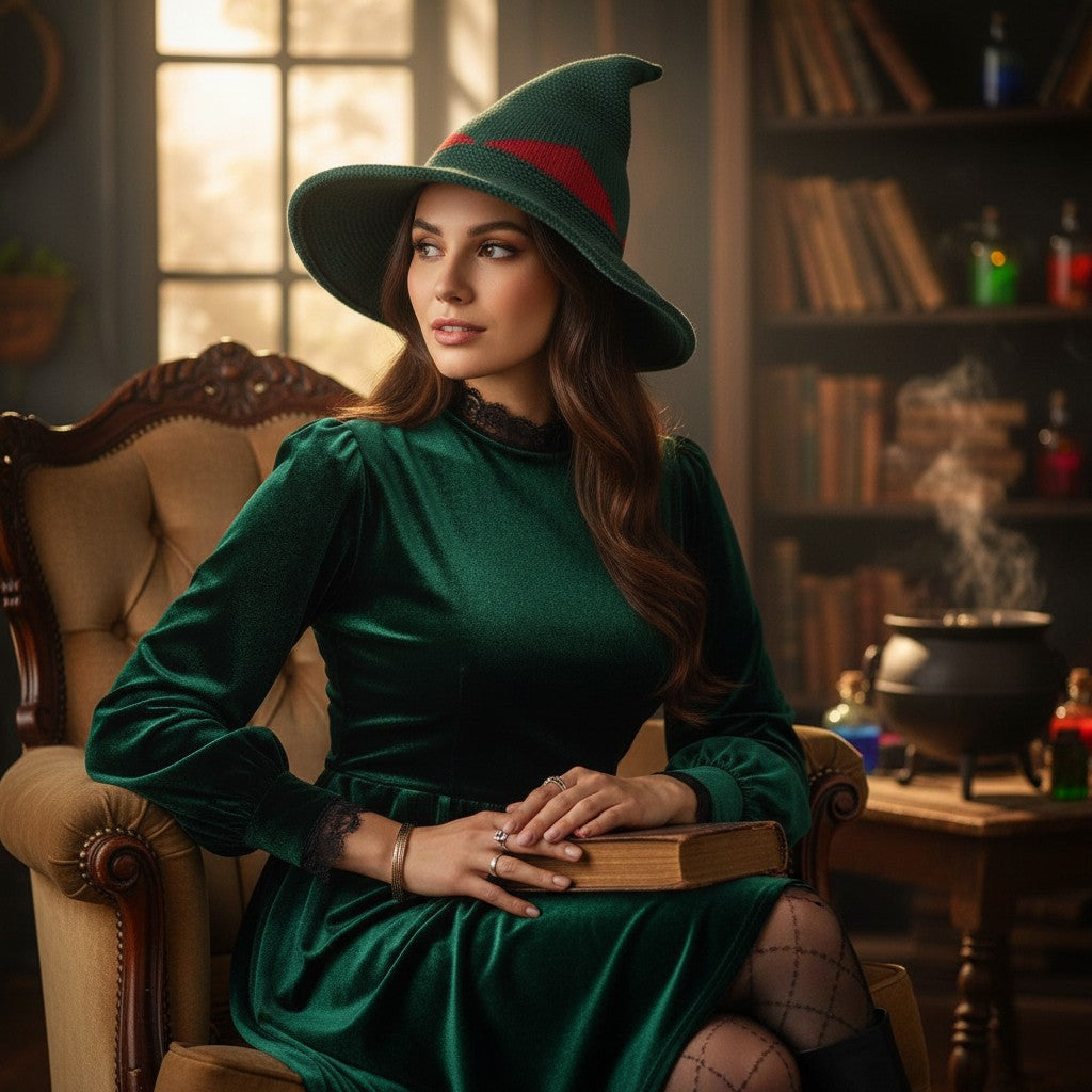 The Witches' Quest green and red color block knitted witch hat with a wide brim worn by a woman in a velvet dress.
