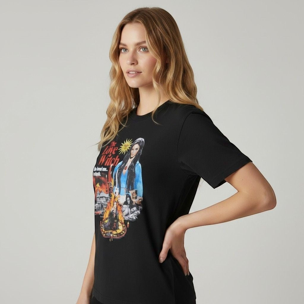 The Witches' Quest black cotton unisex t-shirt featuring a vibrant Love Witch graphic print worn by a blonde model.