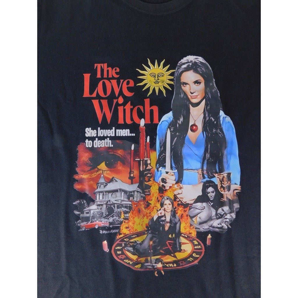 The Witches' Quest black cotton unisex t-shirt featuring a vibrant The Love Witch movie poster graphic print.