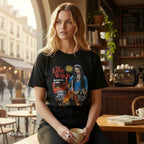 The Witches' Quest black cotton unisex t-shirt featuring a vibrant The Love Witch graphic print worn by a woman.