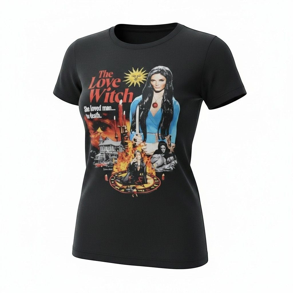 The Witches' Quest black cotton unisex t-shirt featuring a vibrant The Love Witch movie poster graphic print.
