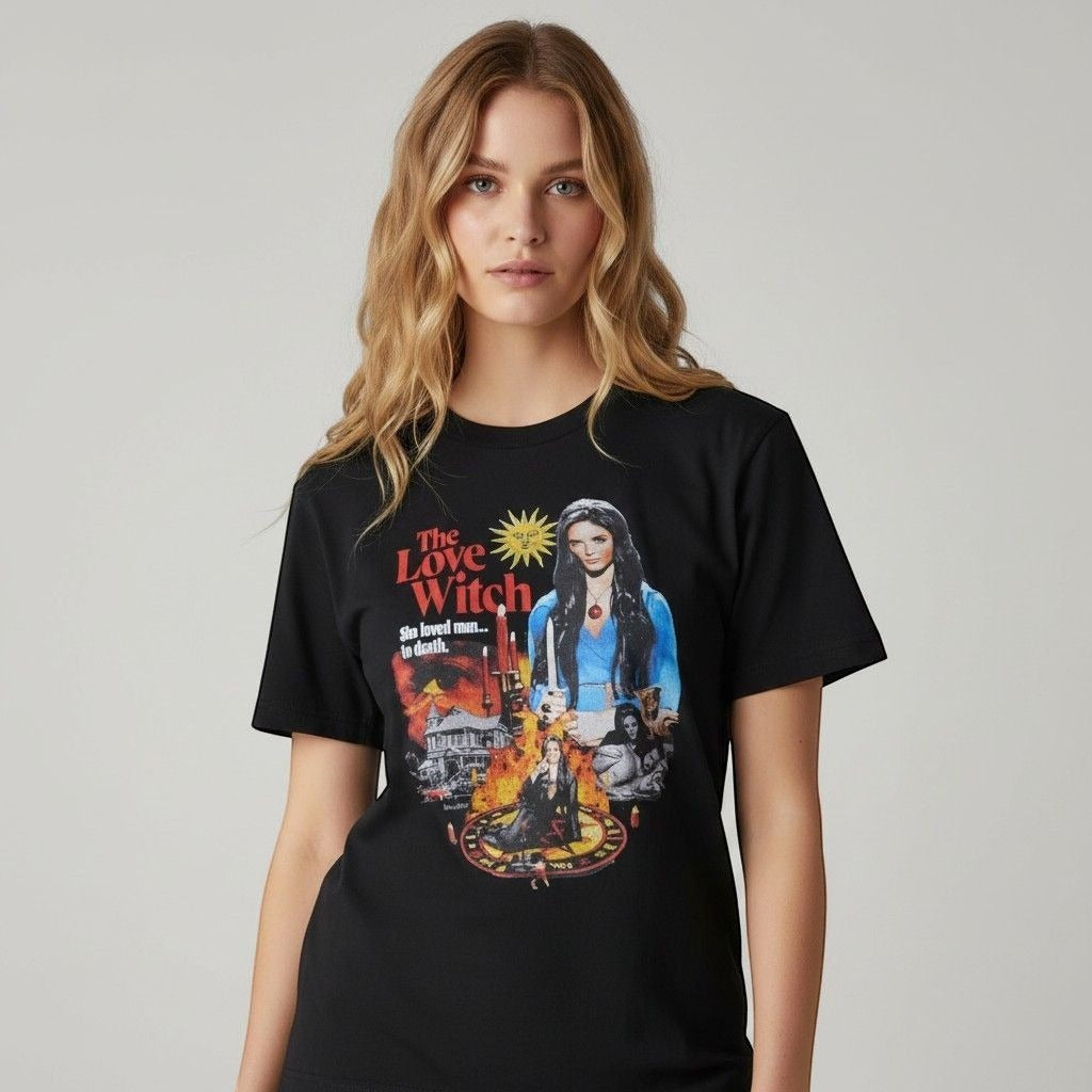 The Witches' Quest black cotton unisex t-shirt featuring a vibrant The Love Witch movie graphic print