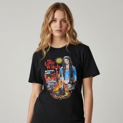The Witches' Quest black cotton unisex t-shirt featuring a vibrant The Love Witch movie graphic print