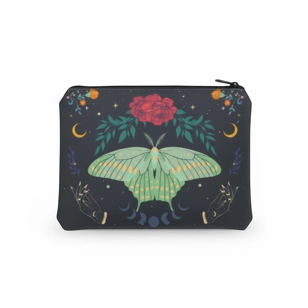 The Witches' Quest black cosmetic bag featuring a green luna moth, moon phases, and floral celestial artwork.