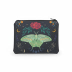 The Witches' Quest black cosmetic bag featuring a green luna moth, moon phases, and floral celestial artwork.