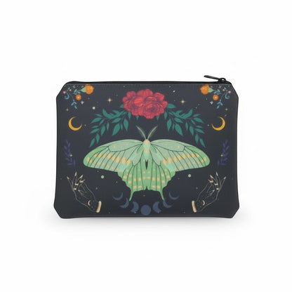 The Witches' Quest black cosmetic bag featuring a green luna moth, moon phases, and floral celestial artwork.