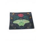 The Witches' Quest black cosmetic bag featuring a green luna moth, moon phases, and floral celestial art.