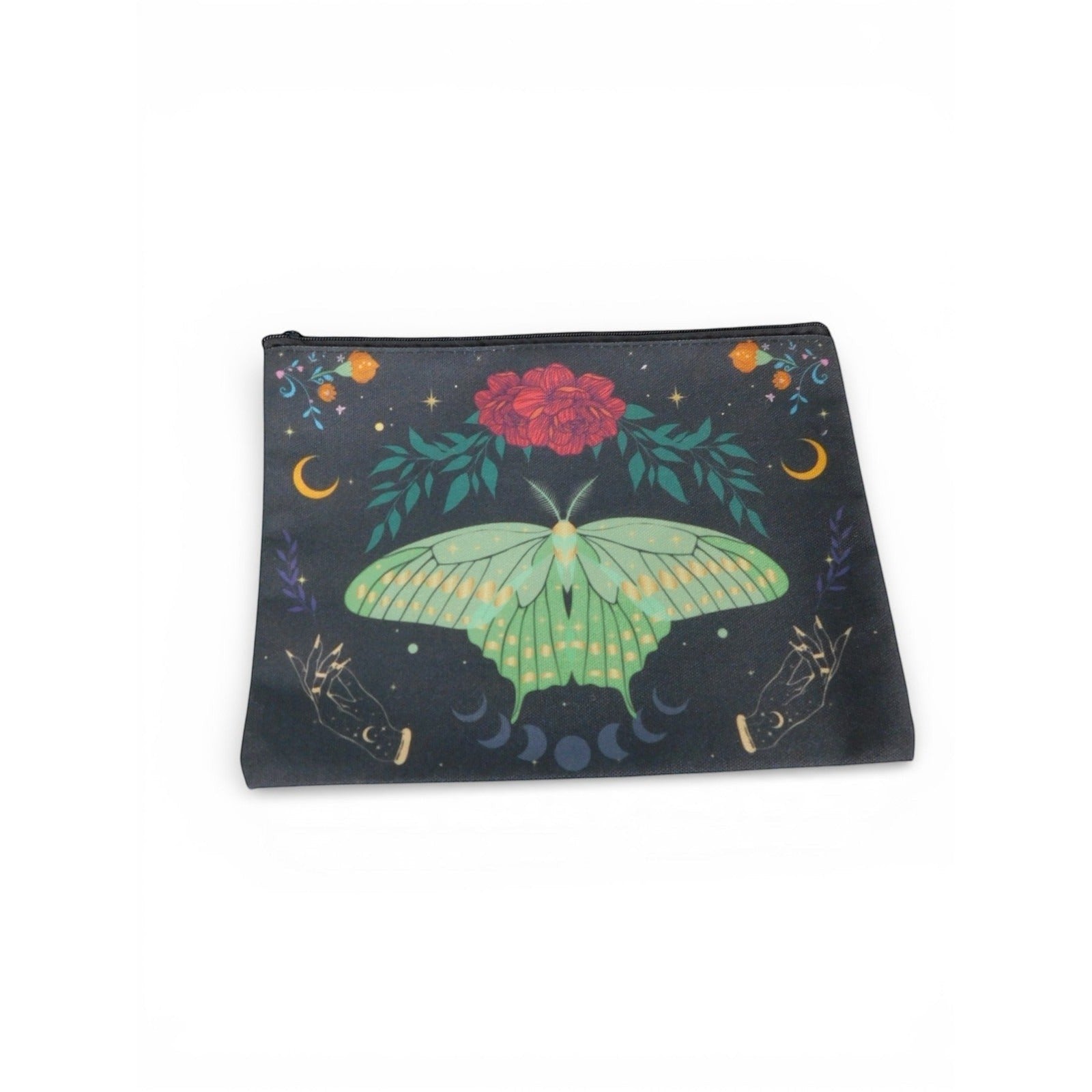 The Witches' Quest black cosmetic bag featuring a green luna moth, moon phases, and floral celestial art.