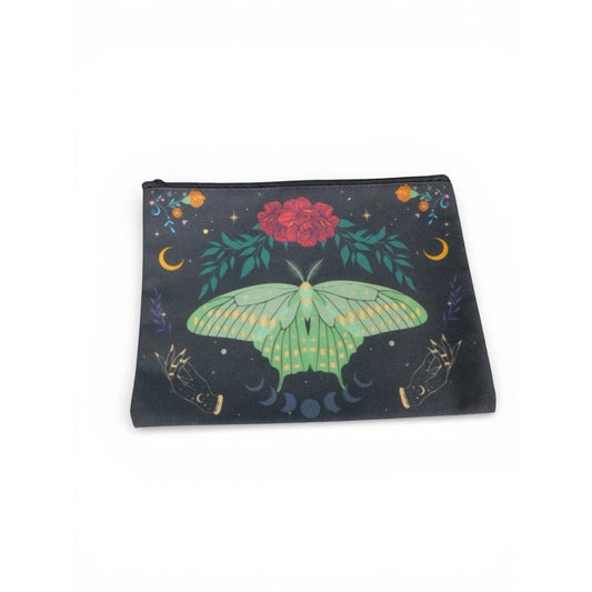 The Witches' Quest black cosmetic bag featuring a green luna moth, moon phases, and floral celestial art.