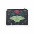 The Witches' Quest black cosmetic bag featuring a green luna moth, moon phases, and floral celestial artwork.