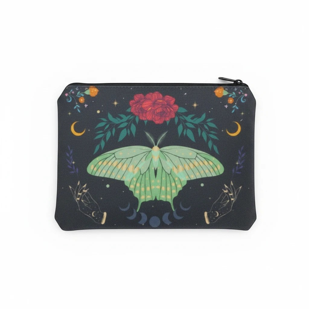 The Witches' Quest black cosmetic bag featuring a green luna moth, moon phases, and floral celestial artwork.