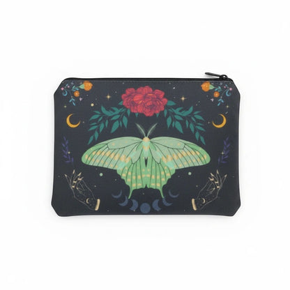 The Witches' Quest black cosmetic bag featuring a green luna moth, moon phases, and floral celestial artwork.