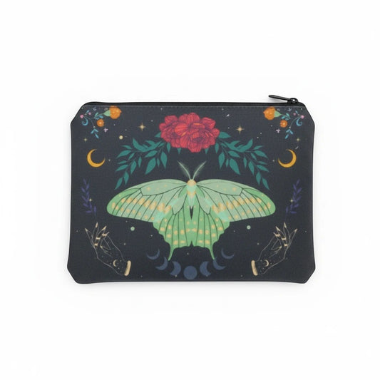 The Witches' Quest black cosmetic bag featuring a green luna moth, moon phases, and floral celestial artwork.
