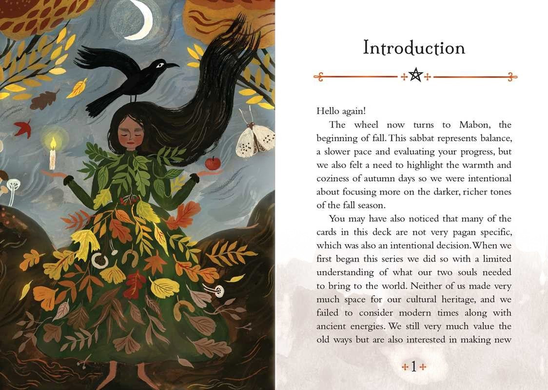 The Witches' Quest Seasons of the Witch Mabon oracle deck book page featuring a whimsical autumn goddess illustration