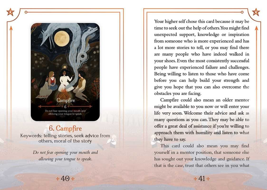 The Witches' Quest Seasons of the Witch Mabon oracle card Campfire with illustrated campfire scene and guidebook text.