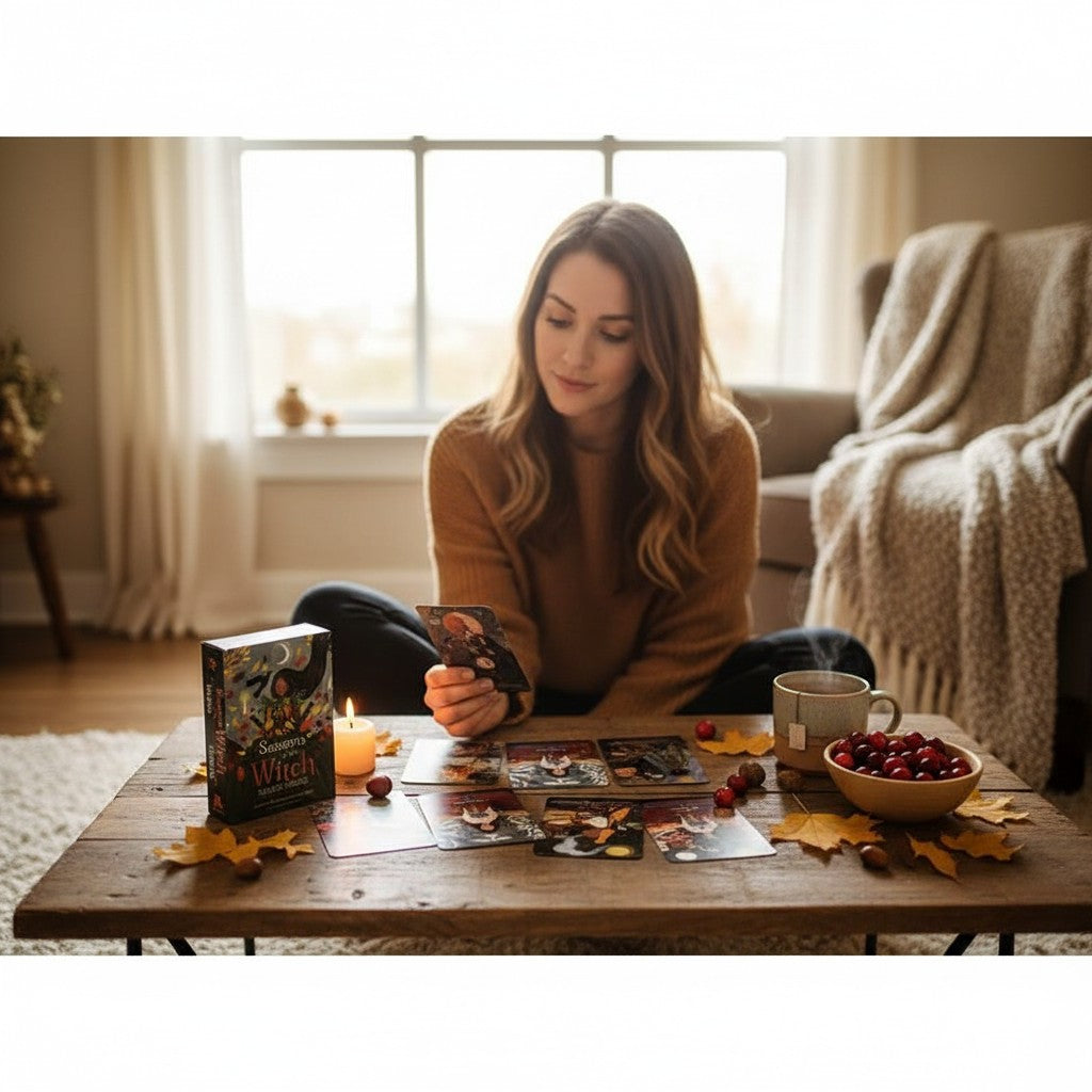 The Witches' Quest Seasons of the Witch Mabon oracle deck and book set used by a woman at a cozy autumn table.