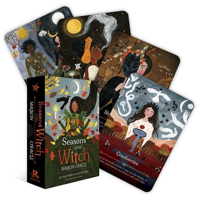 The Witches' Quest Seasons of the Witch Mabon oracle deck box and illustrated cards featuring autumn and nature themes.