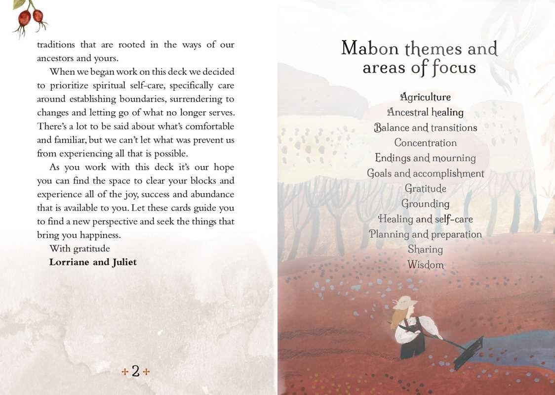 The Witches' Quest Seasons of the Witch Mabon oracle deck guidebook pages featuring themes of balance and healing